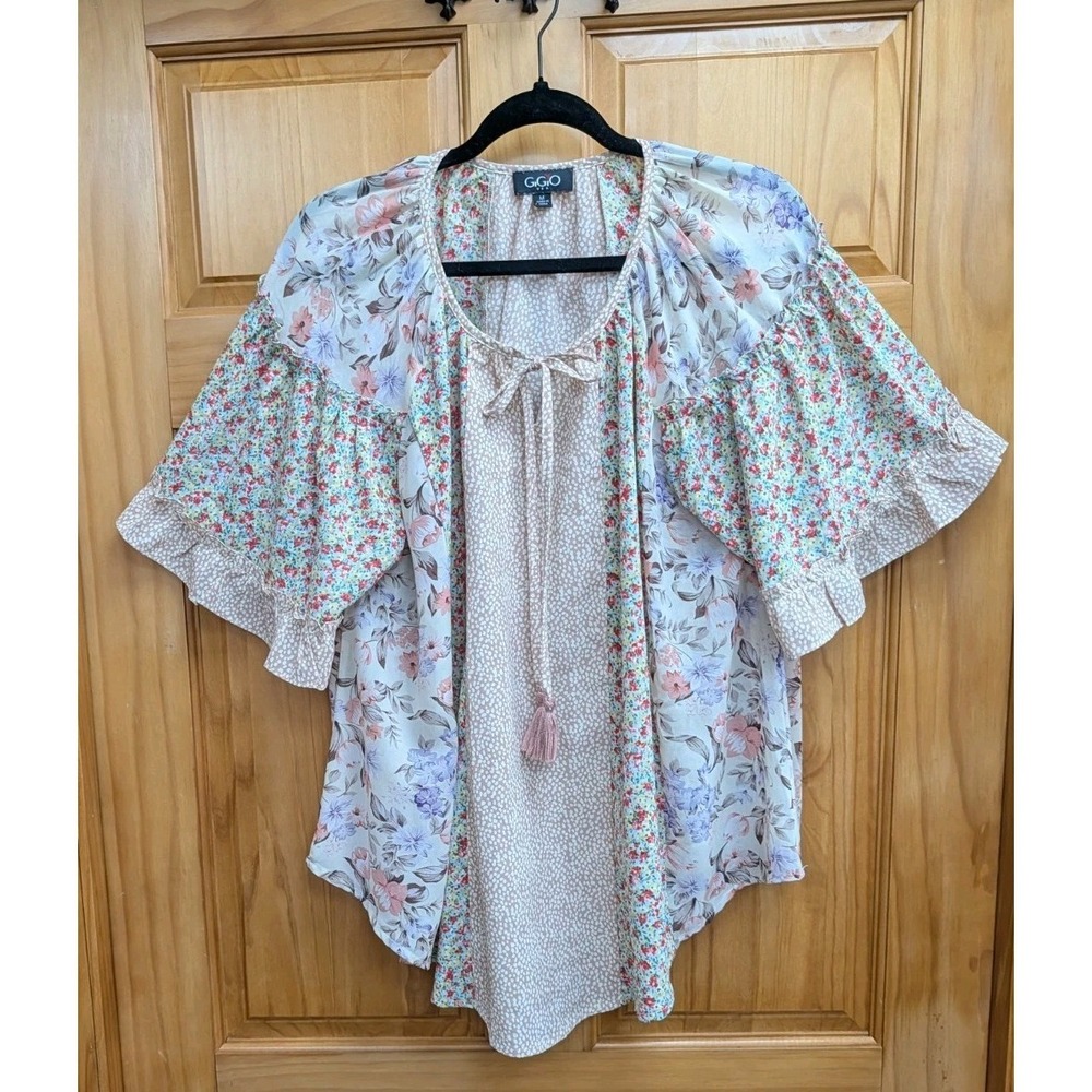 Gigio Women's Medium Top Tunic Tie Neckline Short Sleeve Ruffle Floral Shirt USA